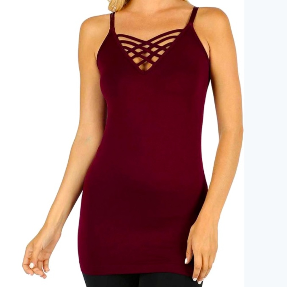 ZENANA OUTFITTERS: Criss Cross V-neck Long Tank Top w/ Adjustable Straps- Sz S/M